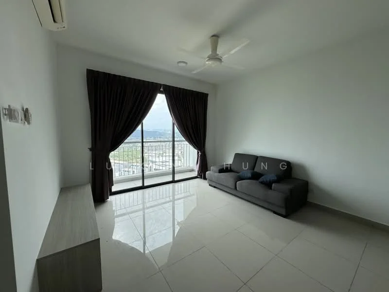 Living features: grey fabric sofa, floor-to-ceiling windows, curtains in dark brown, white painted walls, tile flooring, ceiling fan, air conditioning unit, side table, view of city skyline; style: modern; view: city.