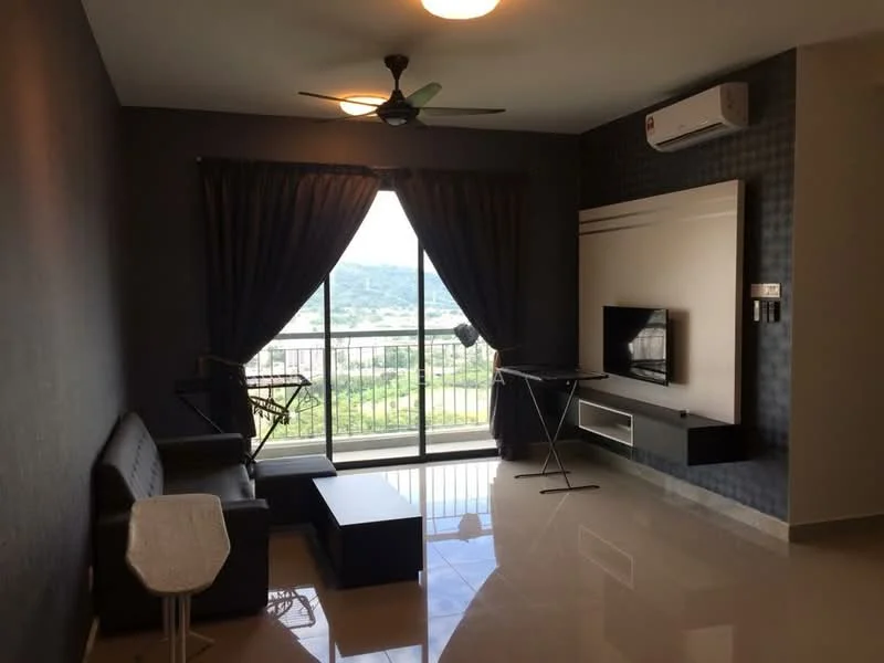 Living features: grey accent wall, cream painted walls, polished tile flooring, 5-blade ceiling fan with light, floor-to-ceiling windows, sliding glass door, blackout curtains, wall-mounted TV, TV console, coffee table, 2-seater fabric sofa in grey, decorative mirror; style: modern; view: city.