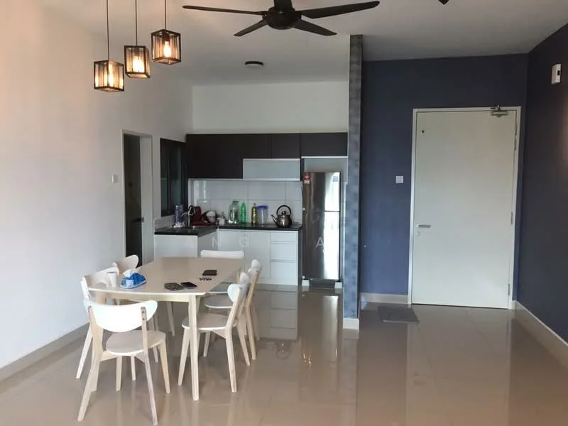 Dining features: white dining table, 6 white dining chairs, pendant lighting with 3 bulbs, wall-mounted ceiling fan, grey accent wall, white painted walls, glossy tile flooring, open kitchen layout, stainless-steel fridge, kitchen cabinetry, kitchen countertop, kettle, glassware, utensils, door to hallway; style: modern. Kitchen features: stainless-steel fridge, kitchen cabinetry, kitchen countertop, kettle, glassware, utensils; style: modern.