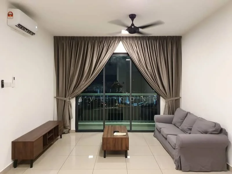 Living features: grey fabric sofa, wooden coffee table, wall-mounted split AC, 5-blade ceiling fan, floor-to-ceiling windows, curtains in light brown, cream painted walls, tile flooring; style: modern; view: city.