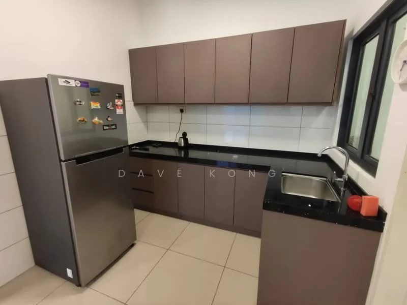 Kitchen features: brown flat-panel cabinets, black granite countertop, stainless-steel single-bowl sink, chrome pull-down faucet, stainless-steel fridge, white tiled backsplash, ceramic tile flooring, built-in oven, kitchen wall with white tiles, window with black frame; style: modern.