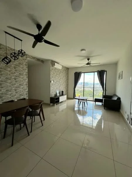 Living features: white painted walls, stone accent wall, glossy tile flooring, 2 ceiling fans, floor-to-ceiling windows, black sofa, dining table with 4 chairs, TV console, decorative lighting fixtures, curtains, view of the city; style: modern; view: city.