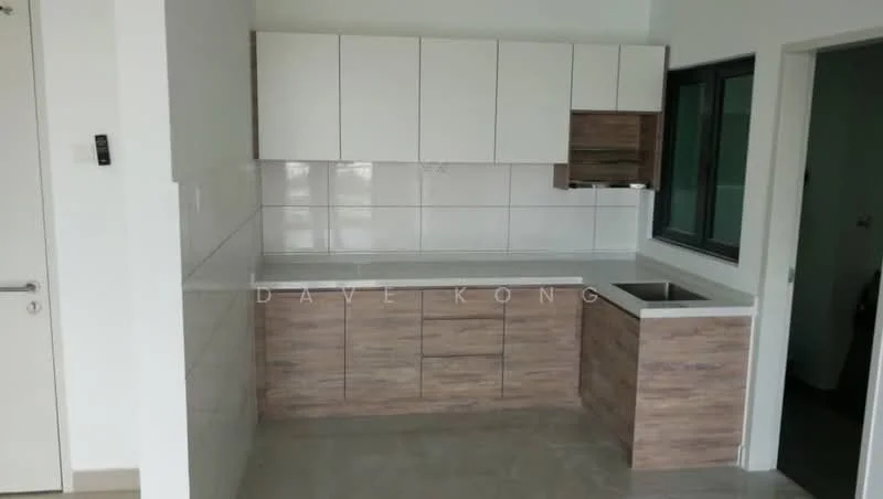 Kitchen features: white upper cabinets, wooden lower cabinets, white countertop, single-bowl stainless-steel sink, chrome pull-down faucet, white tiled backsplash, ceramic tile flooring, built-in oven, window with black frame, recessed downlights; style: modern.