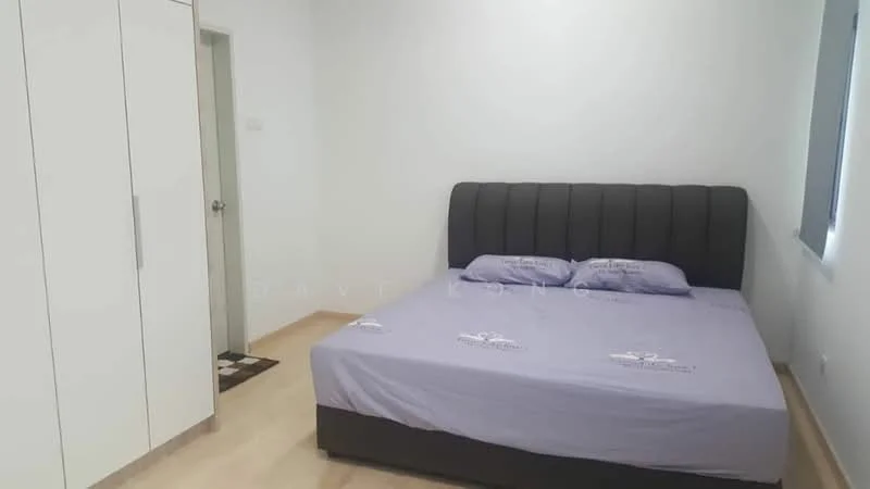 Bedroom features: queen-size bed with upholstered headboard, light purple bed linens, white painted walls, laminate flooring, built-in wardrobe with sliding doors, window with blinds, door leading to hallway; style: modern.