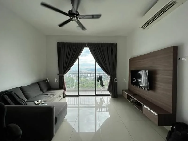 Living features: 3-seater fabric sofa in grey, floor-to-ceiling windows, curtains in dark grey, wall-mounted TV, wooden TV console, polished tile flooring, ceiling fan, air conditioning unit, decorative wall panel, city view; style: modern; view: city.