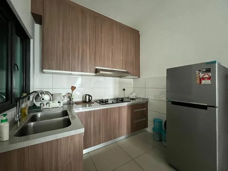 Kitchen features: brown wooden cabinetry, grey countertop, stainless-steel sink, chrome pull-down faucet, gas stove with two burners, stainless-steel range hood, stainless-steel fridge, white tiled backsplash, ceramic tile flooring, window with black frame, kitchen utensils on countertop, blue plastic basket; style: modern.