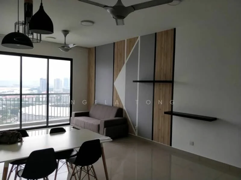 Living features: 3-seater fabric sofa in grey, floor-to-ceiling windows, city view, wood accent wall with geometric design, shelves mounted on wall, recessed ceiling lights, 5-blade ceiling fan, polished tile flooring, dining table with chairs; style: modern.