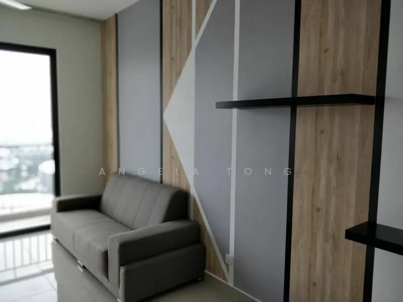 Living features: grey fabric sofa, wood panel accent wall, grey painted wall, white geometric wall design, floor-to-ceiling window, tile flooring, shelf unit on wall; style: modern; view: city.