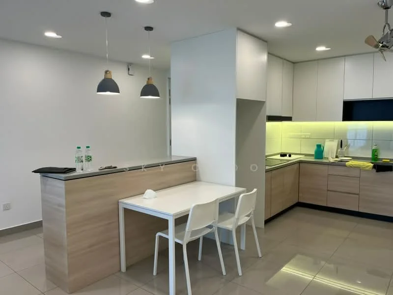 Kitchen features: white painted walls, light grey cabinetry, black countertop, stainless-steel sink, chrome pull-down faucet, built-in oven, freestanding range oven, refrigerator, pendant lights, 2-seater dining table, white plastic chairs, tile flooring, recessed downlights; style: modern.