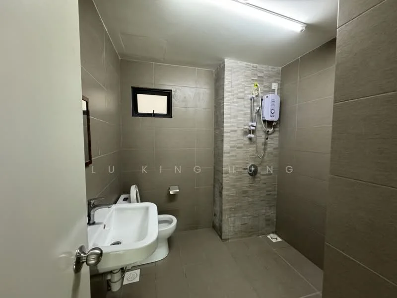 Bathroom features: grey tiled walls, light grey tiled flooring, white toilet, white sink, wall-mounted shower, shower with glass partition, small window, mirror above sink, ceiling light fixture; style: modern.