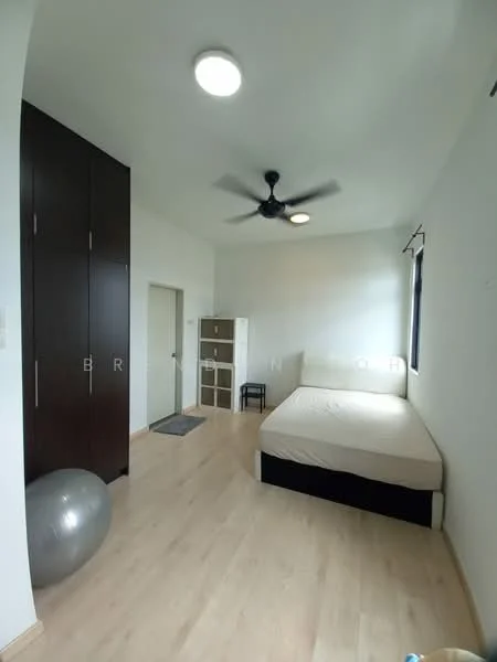 Bedroom features: light wood flooring, white painted walls, ceiling fan, built-in wardrobe with dark wood finish, window with natural light, empty bed frame, exercise ball, small storage unit, door leading to hallway; style: modern.