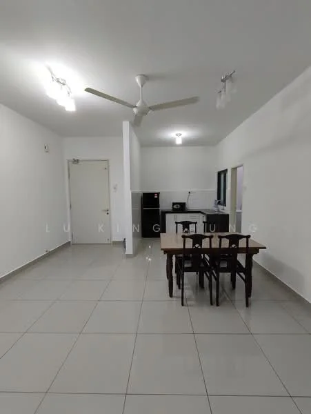 Dining features: white painted walls, tile flooring, ceiling fan, dining table with four chairs, refrigerator, open kitchen layout, kitchen counter visible, light fixtures on ceiling; style: modern.
