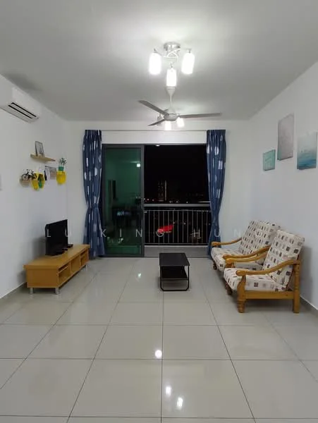 Living features: white painted walls, glossy tile flooring, 5-blade ceiling fan with light, floor-to-ceiling windows, curtains in blue and white pattern, wooden sofa set with cushions, wooden coffee table, TV console in light wood, wall-mounted TV, decorative wall art; style: modern; view: city.