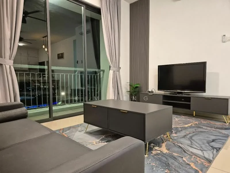 Living features: 3-seater fabric sofa in grey, coffee table with drawers, TV console with storage, wall-mounted TV, area rug with marble pattern, floor-to-ceiling windows, curtains in light grey, decorative plant, recessed downlights, accent wall with vertical slats; style: modern; view: city.