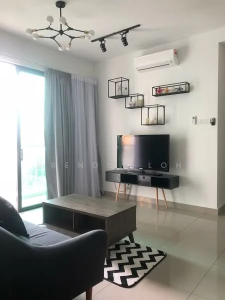 Living features: 3-seater fabric sofa in dark grey, coffee table with wooden top and black legs, black and white geometric area rug, wall-mounted TV, TV console with drawers, decorative wall shelves, hanging light fixture with multiple bulbs, wall-mounted split AC, floor-to-ceiling sliding glass door, sheer curtains, glossy tile flooring, recessed downlights; style: modern; view: garden.
