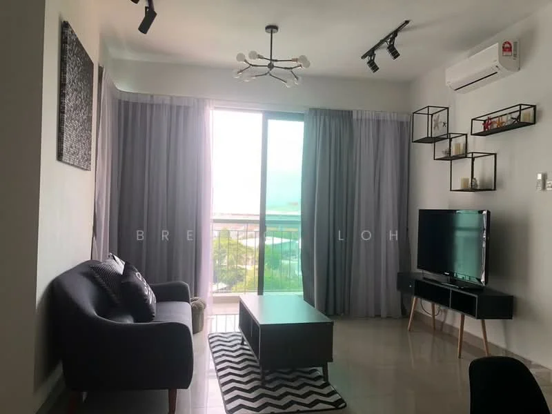 Living features: 3-seater fabric sofa in dark grey, coffee table, TV console, wall-mounted TV, area rug with geometric pattern, floor-to-ceiling windows, sheer curtains, recessed LED downlights, ceiling light fixture, wall-mounted shelves, air conditioning unit; style: modern; view: garden.