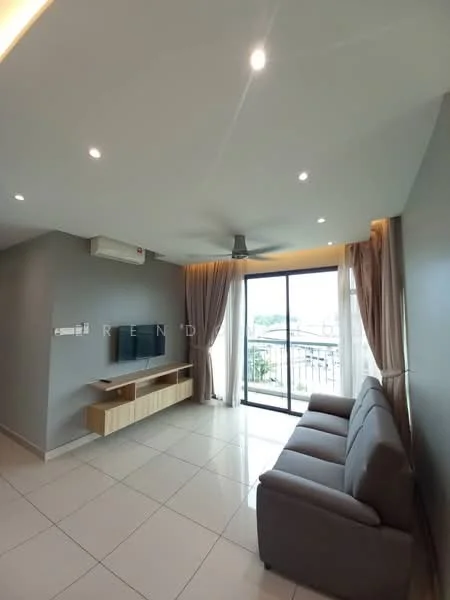 Living features: grey painted walls, white ceiling, recessed downlights, 5-blade ceiling fan, sliding glass door, floor-to-ceiling windows, light brown TV console, wall-mounted TV, 3-seater fabric sofa in grey, curtains, tile flooring; style: modern; view: city.