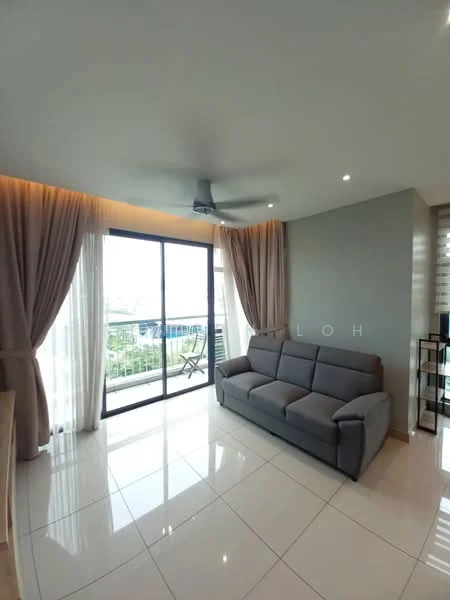 Living features: 3-seater fabric sofa in grey, floor-to-ceiling windows, sheer curtains, recessed downlights, 5-blade ceiling fan, glossy tile flooring, balcony access, decorative wall paneling; style: modern; view: city.