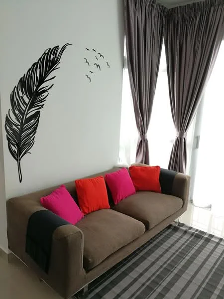 Living features: 3-seater fabric sofa in brown, pink throw pillows, orange throw pillows, striped area rug, floor-to-ceiling windows, sheer curtains, grey drapes, wall decal of a feather, wall with light-colored paint, polished tile flooring; style: modern.