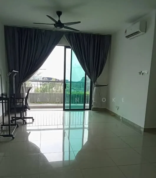 Living features: floor-to-ceiling sliding glass door, grey curtains, 5-blade ceiling fan, wall-mounted split AC, glossy ceramic tile flooring, neutral painted walls, balcony view, two study desks; style: modern; view: city.