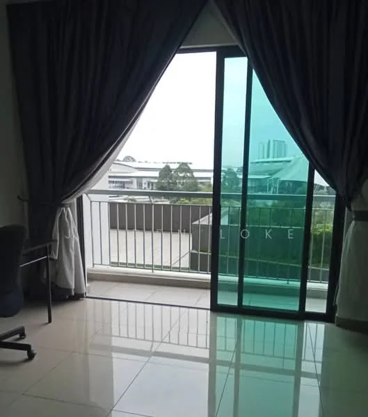 Room features: floor-to-ceiling sliding glass door, curtains in grey fabric, white walls, glossy tile flooring, balcony view, desk chair, outdoor railing, natural light; style: modern; view: city.