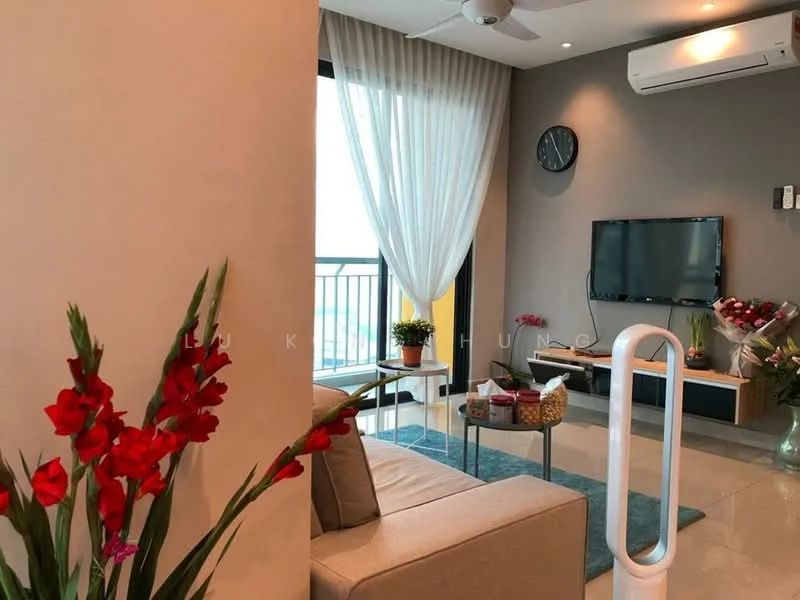 Living features: 3-seater fabric sofa in beige, coffee table, wall-mounted TV, entertainment unit, area rug with geometric pattern, floor-to-ceiling windows, sheer curtains, ceiling fan, decorative plants, wall clock, air conditioning unit, accent wall in grey; style: modern; view: city.