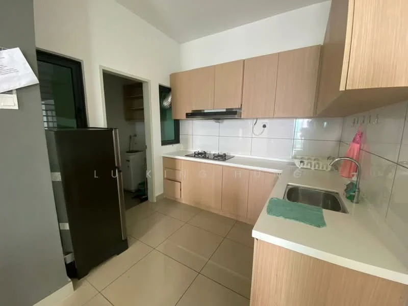 Kitchen features: light wood cabinetry, white countertop, single-bowl stainless-steel sink, chrome pull-down faucet, 4-burner gas hob, exhaust hood, black fridge, ceramic tile flooring, wall-mounted cabinets, window above sink, neutral wall color, open layout; style: modern.