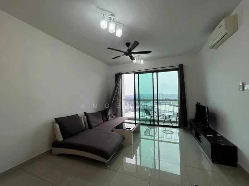 Living features: grey fabric sectional sofa, white walls, glossy tile flooring, ceiling fan with light, sliding glass door, floor-to-ceiling windows, black TV console, wall-mounted TV, curtains, city view; style: modern; view: city.