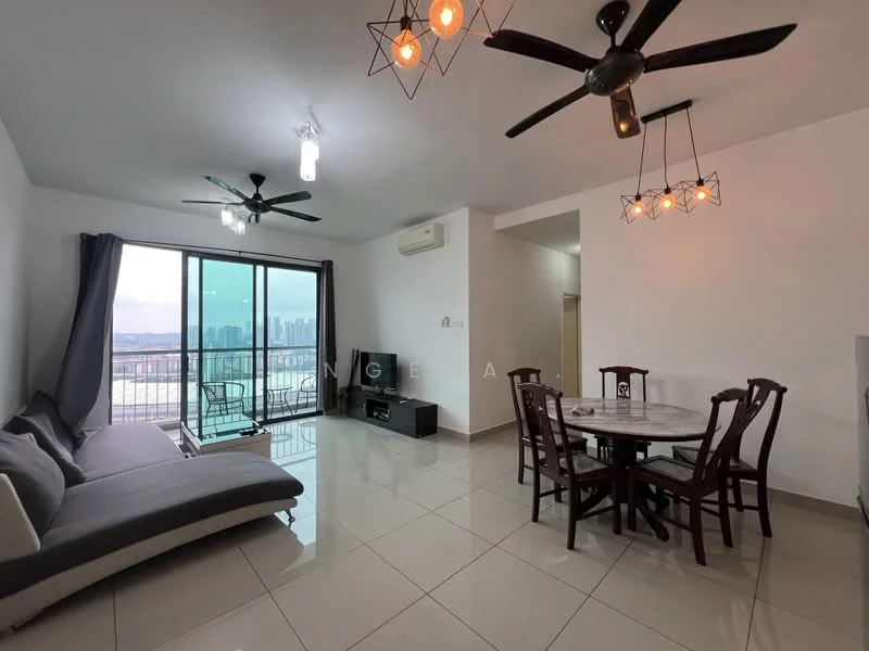 Living features: grey fabric sectional sofa, round dining table, wooden dining chairs, floor-to-ceiling windows, sliding glass door, city view, recessed downlights, 2 ceiling fans, TV console, wall-mounted TV, marble tile flooring, white painted walls, curtains; style: modern; view: city.
