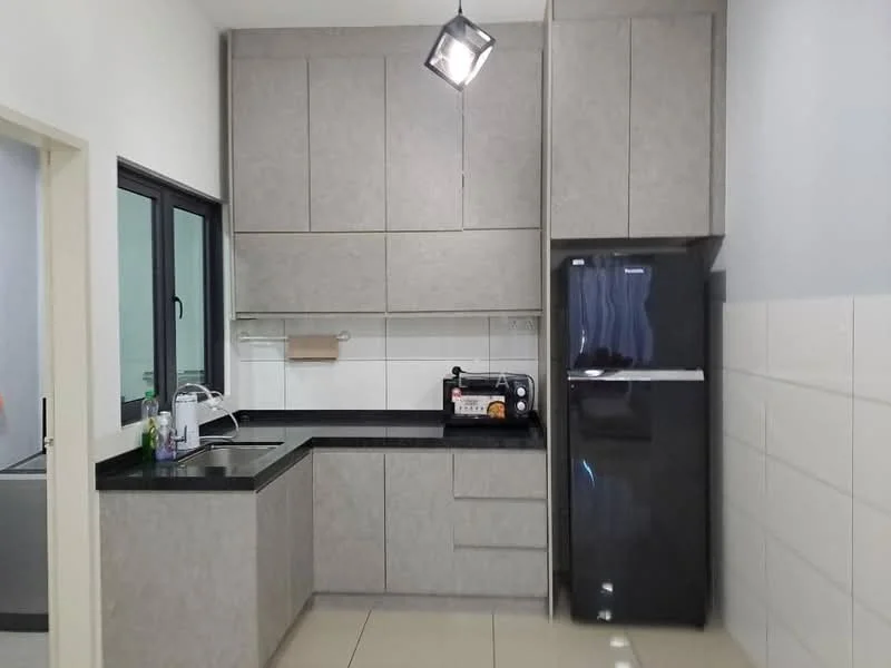 Kitchen features: grey cabinetry, black granite countertop, stainless-steel sink, chrome pull-down faucet, built-in oven, black fridge, white tiled backsplash, recessed downlights, floor-to-ceiling windows, ceramic tile flooring; style: modern.