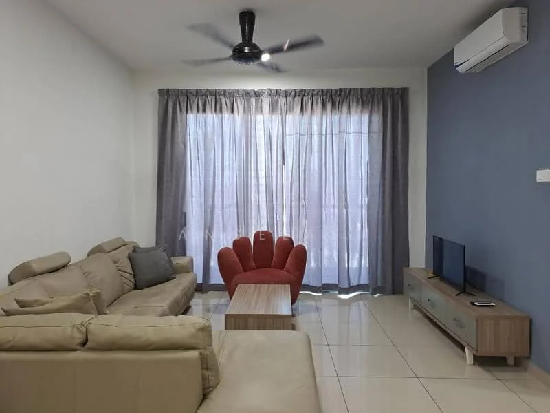 Living features: beige leather sofa, red accent chair, coffee table, wall-mounted TV, light grey curtains, floor-to-ceiling windows, white painted walls, grey accent wall, recessed downlights, 1 wall-mounted split AC, polished tile flooring; style: modern.