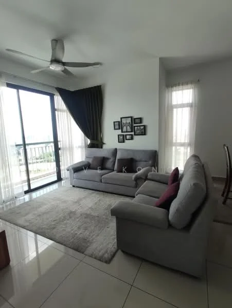 Living features: 3-seater fabric sofa in grey, 2-seater fabric sofa in grey, red accent cushion, area rug with neutral color, floor-to-ceiling windows, sheer curtains, ceiling fan with light, wall-mounted photo frames, tile flooring, balcony view; style: modern; view: city.