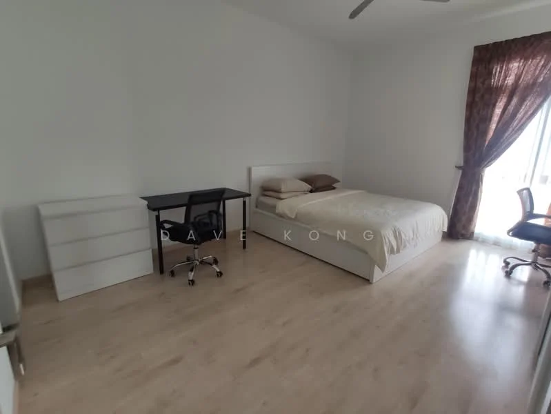 Bedroom features: queen-size bed with beige bedding, wooden flooring, white painted walls, ceiling fan, desk with chair, dresser, curtains with floral pattern, window with natural light; style: minimalist.