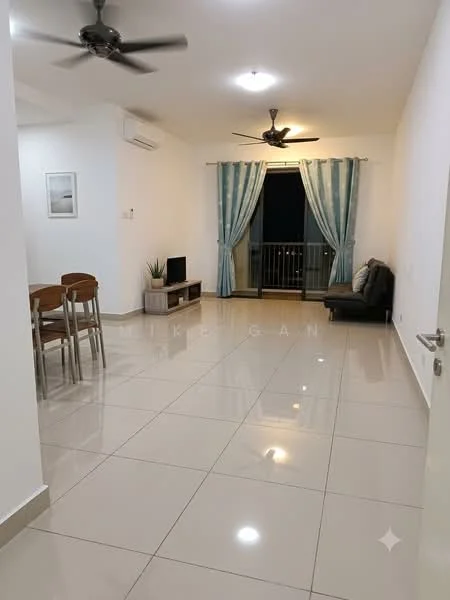 Living features: glossy tile flooring, white painted walls, recessed downlights, 5-blade ceiling fan, sofa, coffee table, TV console, wall-mounted TV, dining table with chairs, curtains, balcony door, indoor plant; style: modern.