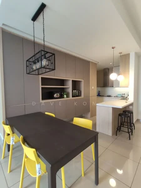 Kitchen features: brown cabinetry with flat-panel design, white countertop, stainless-steel sink, chrome pull-down faucet, built-in oven, freestanding range oven, pendant lighting, tile flooring, open shelving, black bar stools, yellow dining chairs, dining table, recessed lighting; style: modern.