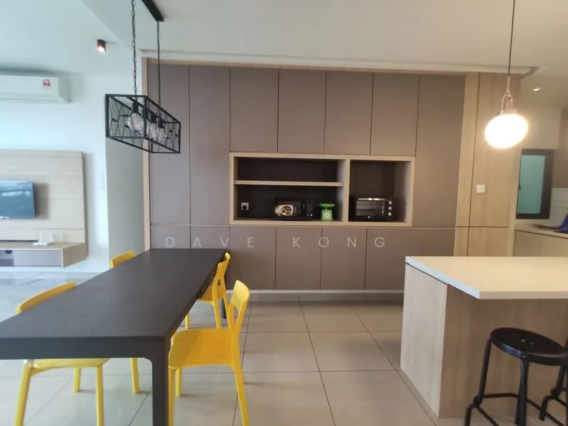 Kitchen features: grey cabinetry with flat-panel design, white countertop, built-in microwave, built-in oven, stainless-steel fridge, black bar stools, yellow dining chairs, dining table, pendant lighting, tile flooring, open shelving, kitchen island; style: modern.