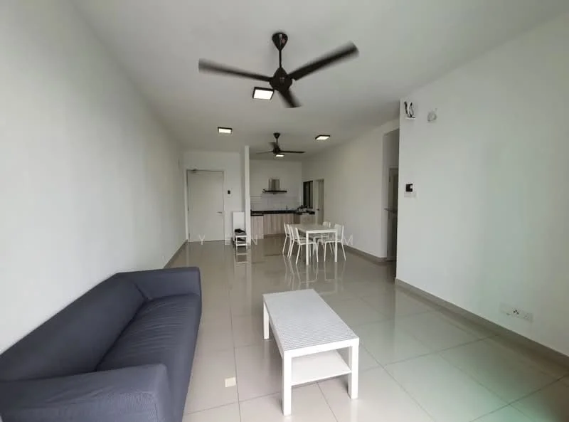 Living features: grey fabric sofa, white coffee table, 4-seater dining table, white dining chairs, 2 ceiling fans, recessed LED downlights, glossy tile flooring, white painted walls; style: modern.