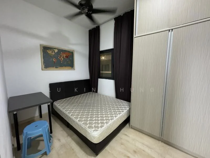 Bedroom features: queen-size bed, upholstered headboard, black bed frame, wooden flooring, black curtains, framed world map artwork, study desk, plastic stool, built-in wardrobe with sliding doors, ceiling fan; style: modern.