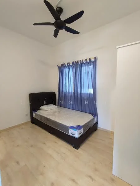 Bedroom features: single bed, wooden flooring, white painted walls, blue curtains, ceiling fan, window with view, built-in wardrobe, decorative wall trim; style: modern.