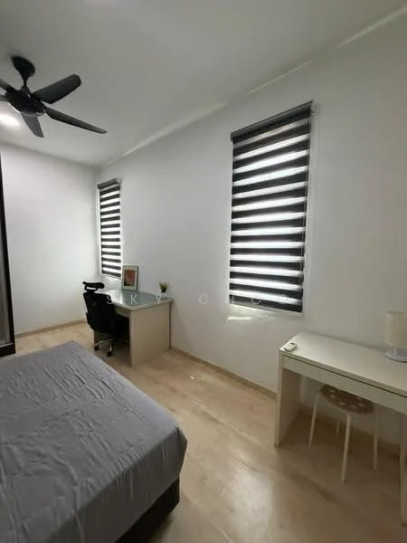 Bedroom features: queen-size bed with grey bedding, wooden flooring, white painted walls, ceiling fan, roller blinds on windows, study desk with chair, decorative plant on desk, table lamp, built-in wardrobe; style: modern.