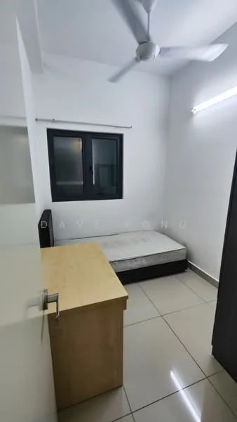 Bedroom features: white painted walls, tile flooring, ceiling fan, single bed frame, window with black frame, desk with wooden surface, built-in wardrobe, LED strip lighting; style: modern.