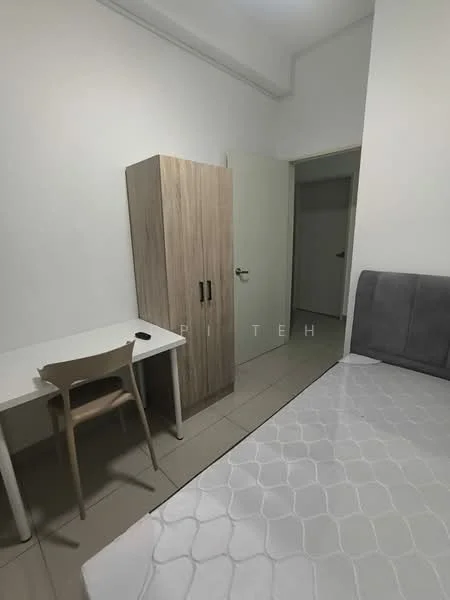 Bedroom features: queen-size bed, upholstered headboard, wooden wardrobe with two doors, study desk, plastic chair, white walls, tile flooring, door to hallway, window with no visible treatment; style: modern.