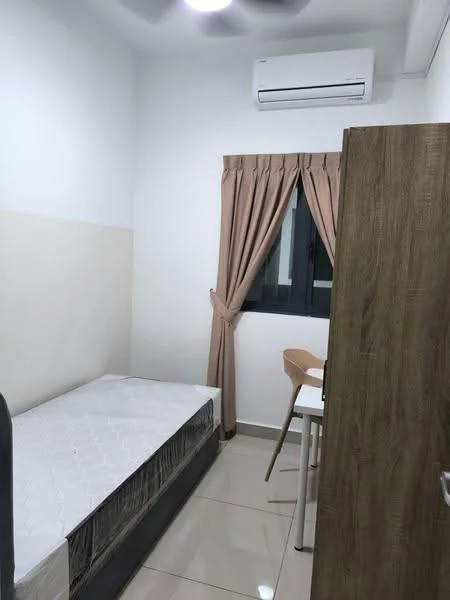 Bedroom features: single bed, light-colored bedding, wooden wardrobe, white painted walls, tile flooring, floor-to-ceiling window, curtains in beige, wall-mounted split AC, study desk, chair, ceiling light; style: modern.