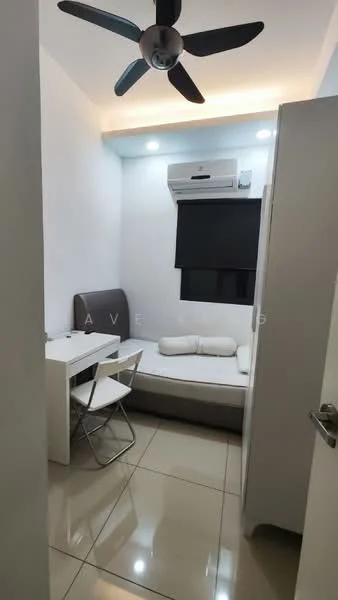 Bedroom features: white painted walls, glossy tile flooring, 5-blade ceiling fan with light, wall-mounted split AC, blackout curtains, single bed with mattress, small dining table with two chairs, built-in wardrobe, recessed lighting; style: modern.