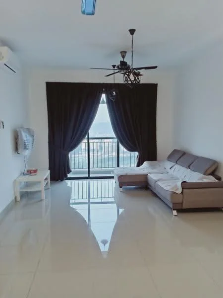 Living features: 3-seater fabric sofa in grey, ceiling fan with light, floor-to-ceiling windows, blackout curtains, white walls, glossy tile flooring, TV console, wall-mounted TV, decorative mirror, coffee table; style: modern; view: city.