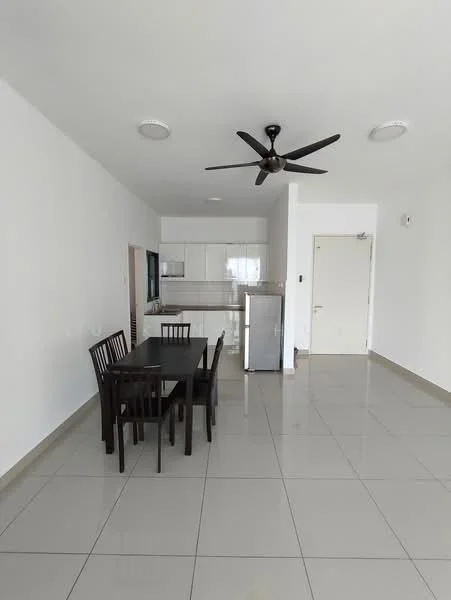 Dining features: 4-seater dining table, black wooden dining chairs, white painted walls, glossy ceramic tile flooring, 5-blade ceiling fan, recessed ceiling lights, open kitchen layout, stainless-steel fridge; style: modern. Kitchen features: white cabinetry, granite countertop, built-in oven, stainless-steel sink, chrome pull-down faucet, ceramic tile backsplash, microwave, cooktop; style: modern.