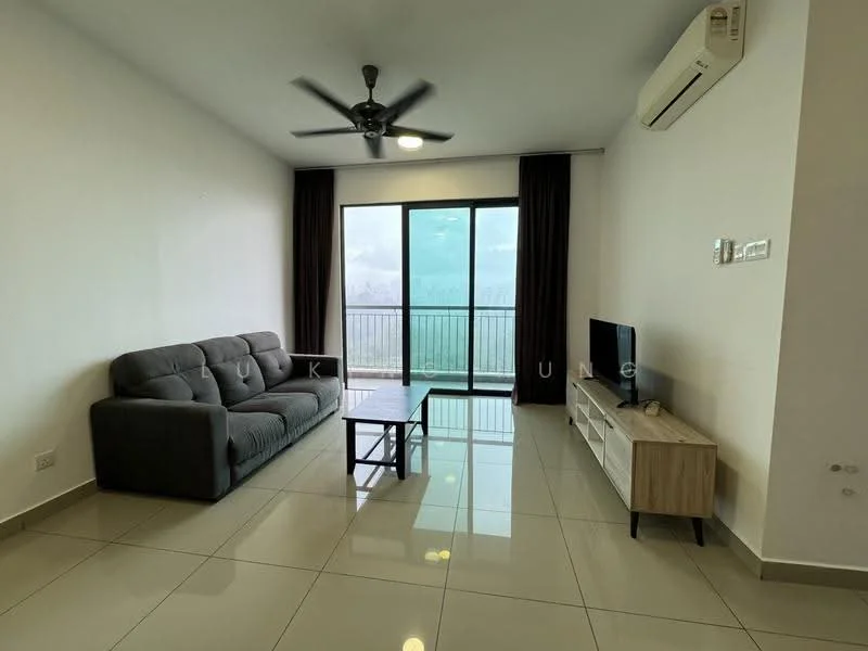 Living features: 3-seater fabric sofa in grey, coffee table, wall-mounted TV, TV console in light wood, floor-to-ceiling windows, sliding glass door, blackout curtains, ceiling fan with light, glossy tile flooring, white painted walls, air conditioning unit; style: modern; view: city.