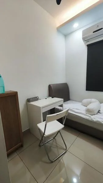 Bedroom features: single bed with grey upholstered headboard, white bedding, white desk, folding chair, wooden cabinet, wall-mounted air conditioning unit, blackout window treatment, glossy tile flooring, recessed ceiling lights; style: modern.