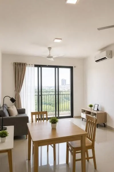 Living features: grey fabric sofa, wooden dining table, 4 wooden dining chairs, floor-to-ceiling windows, sheer curtains, ceiling fan, wall-mounted split AC, light-colored walls, glossy tile flooring, decorative plant on table, TV console, decorative frame on console; style: modern; view: garden.