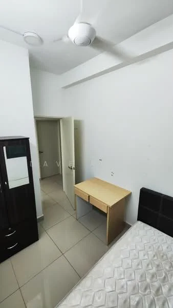 Bedroom features: white painted walls, tile flooring, 5-blade ceiling fan, single bed with mattress, wooden desk, black wardrobe with mirror, door leading to another room.